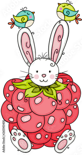 Bunny with raspberry and two cute birds