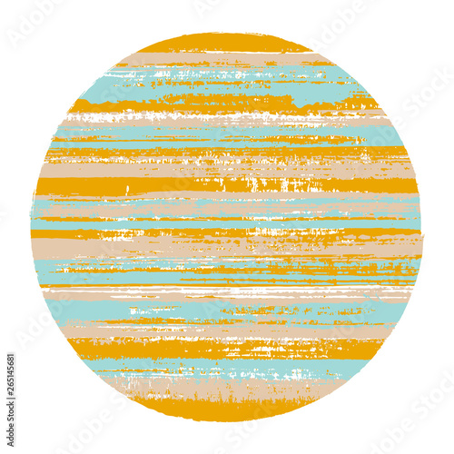 Abrupt circle vector geometric shape with striped texture of ink horizontal lines. Disc banner with old paint texture. Emblem round shape logotype circle with grunge background of stripes.