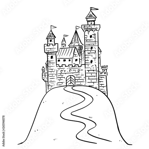 Cartoon Black and White Illustration or Drawing of fantasy medieval castle on hill.