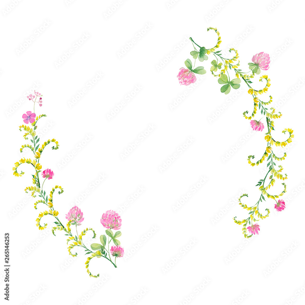 Watercolor wreath of flowers pink clover and yellow vetch.