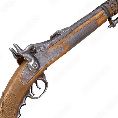 Fantasy bleed musket in post-apocalypse style with a knife on an isolated white background. 3d illustration