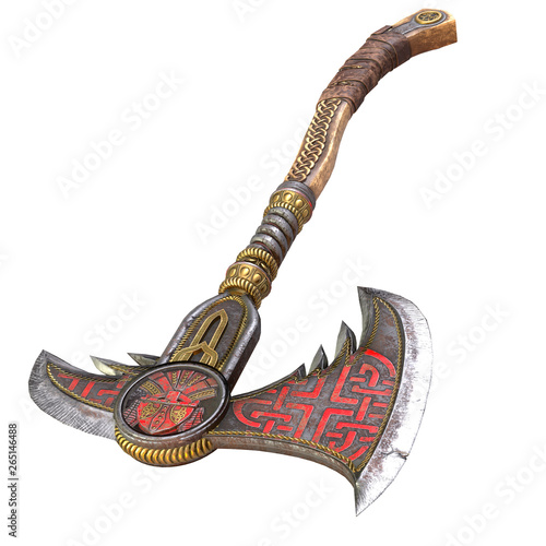 Viking fantasy axe on an isolated white background. 3d illustration photo