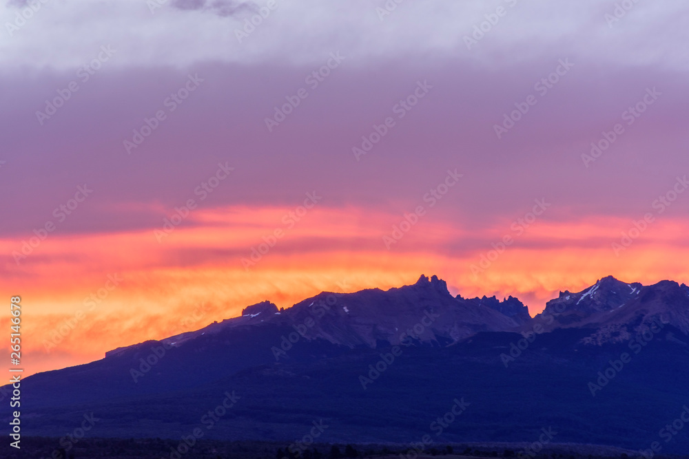Colorful sunset against Andes mountains during summer in Patagonia, Argentina