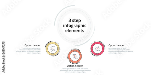Business process chart infographic with 3 step circles. Circular corporate workflow graphic elements. Company flowchart presentation slide template. Vector info graphic design.