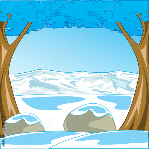 Cool winter landscape with tree and mountain