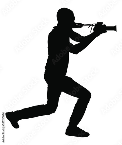 Landscape photographer with camera without tripod vector silhouette. Paparazzi shooting on the event illustration isolated. Photo reporter on duty. Sport photography. Journalist work for breaking news