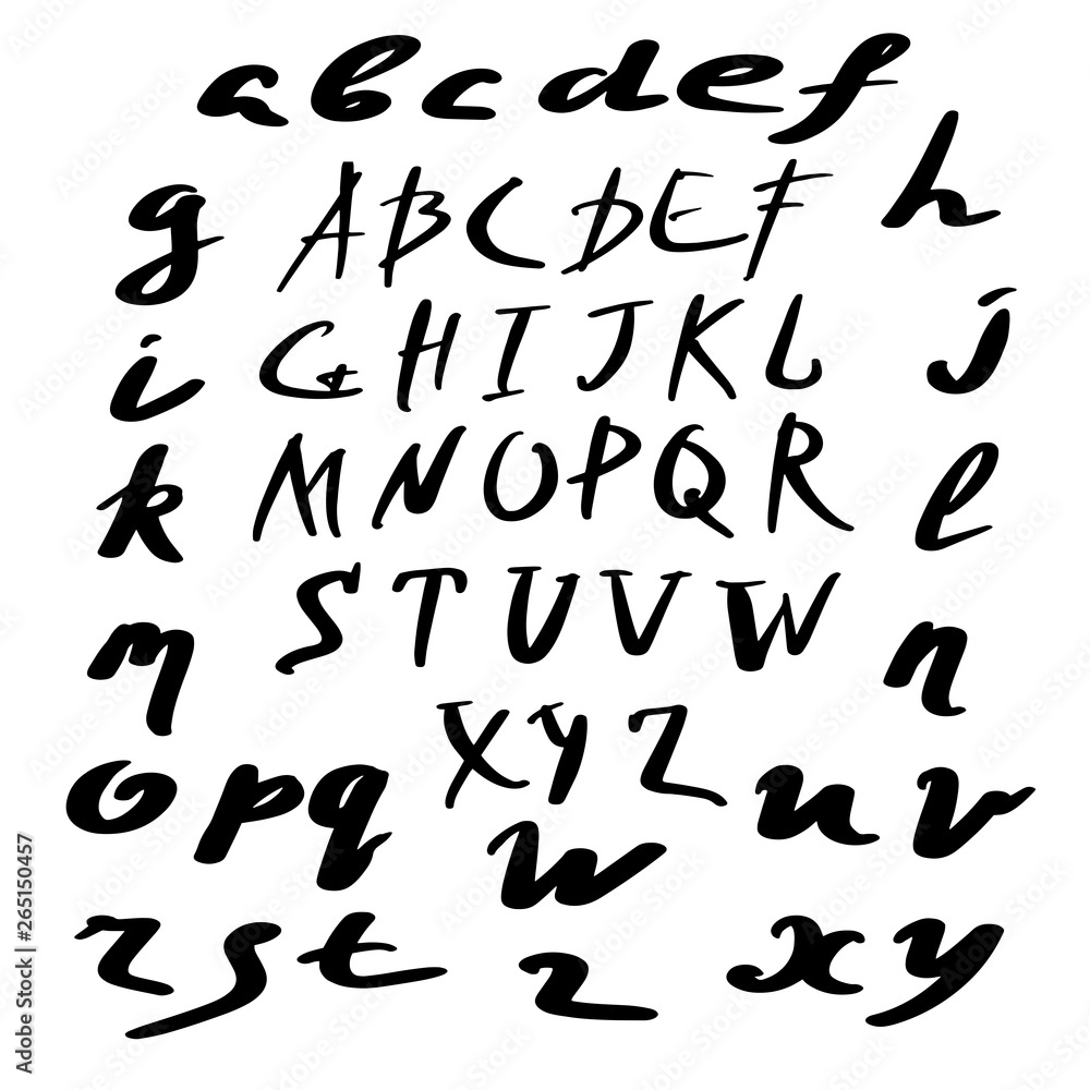 Handwritten artistic font. Isolated black letters on white background. Hand Drawn Alphabet for your Design: Greeting Card, Poster, Banner. Vector illustration Handwritten artistic font. Isolated black letters on white background. Hand Drawn Alphabet for your Design: Greeting Card, Poster, Banner. Vector illustration