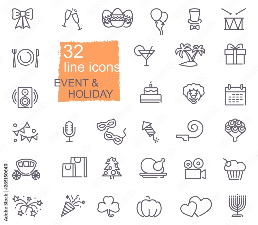 Holidays and events. Set of vector line icons Holidays and events. Set of vector line icons