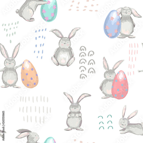  Easter party seamless pattern with eggs, rabbit. Spring celebration poster. Vector illustration. Watercolor style