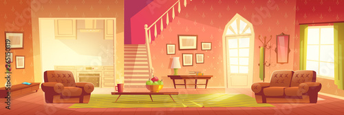 Home interior with hallway entrance, stairs on second floor and furniture. Bright hall, living room and kitchen apartment background with hanger, armchairs, tables, carpet. Cartoon vector illustration