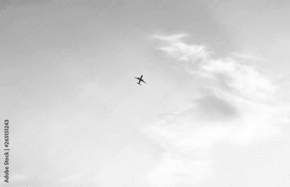 Minimalistic picture of the sky with light clouds and a flying plane in black and white format. Minimalistic picture of the sky with light clouds and a flying plane in black and white format.