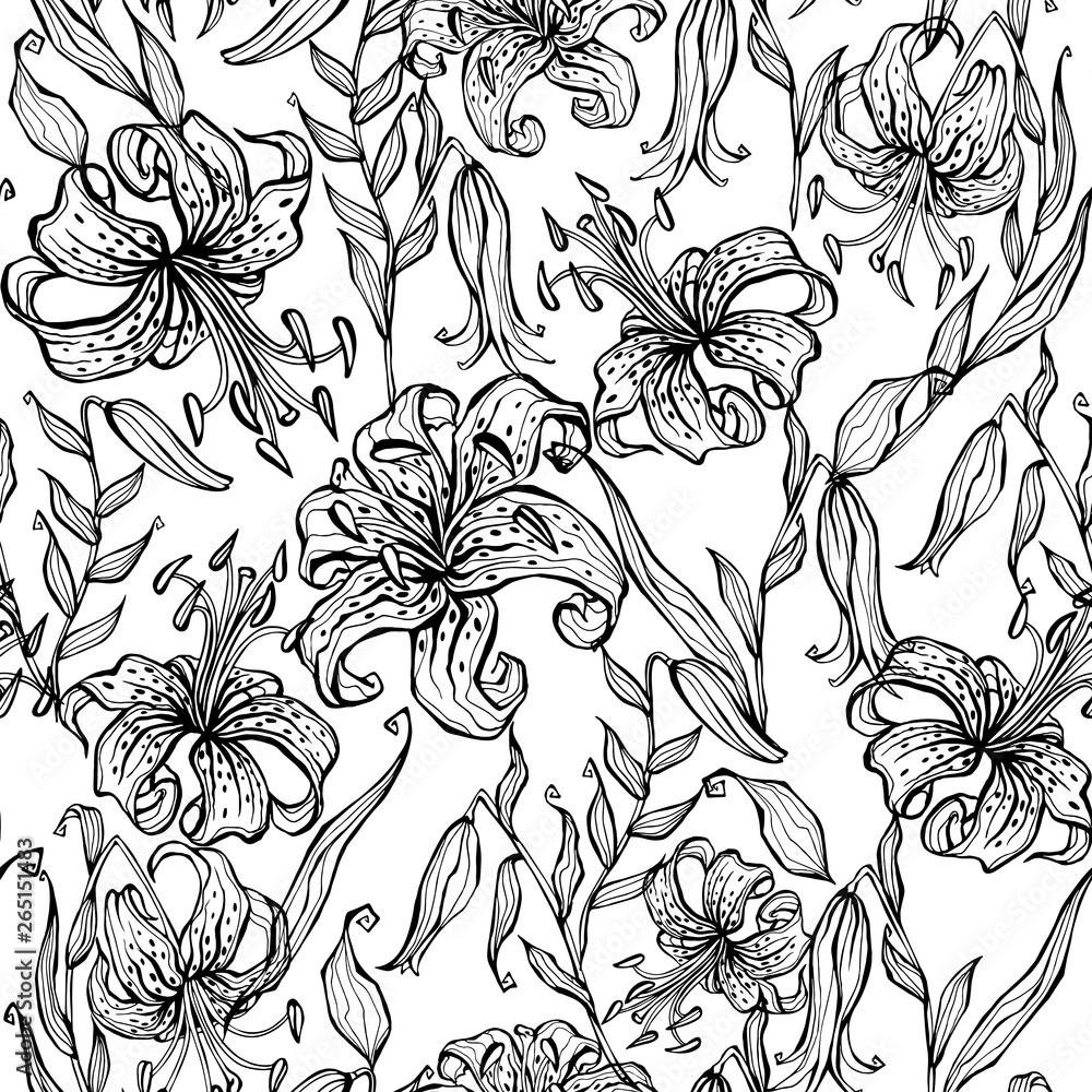 Fototapeta premium Black and white seamless pattern with lilies. Coloring. Vector.
