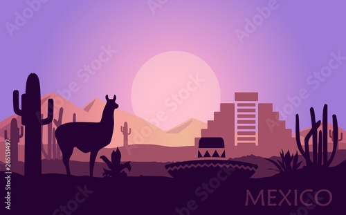 Stylized landscape of Mexico with a llama, cactuses and ancient pyramid. © Katsiaryna