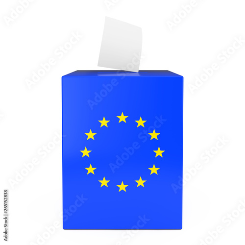 European Union Vote Concept. Vote Paper falls in to Vote Box with European Union Flag. 3d Rendering