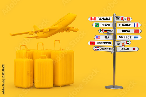 Air Travel Concept. Large Yellow Polycarbonate Suitcases with Yellow Jet Passenger's Airplane near Signpost with Various Countries Names and Flags. 3d Rendering photo