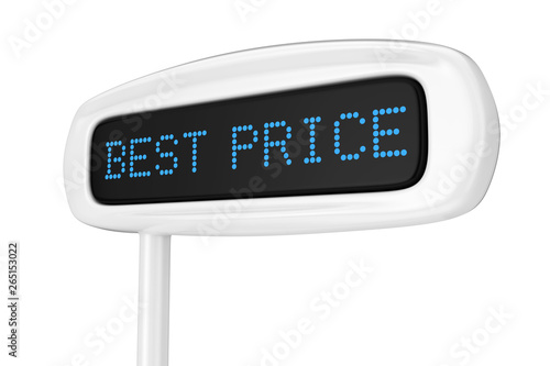 Abstract Cash Register Display Displaying Best Price Blue Sign. 3d Rendering