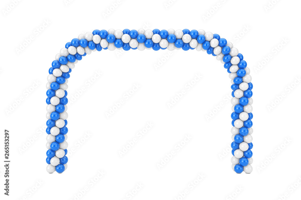 White and Blue Balloons in Shape of Arc, Gate or Portal. 3d Rendering