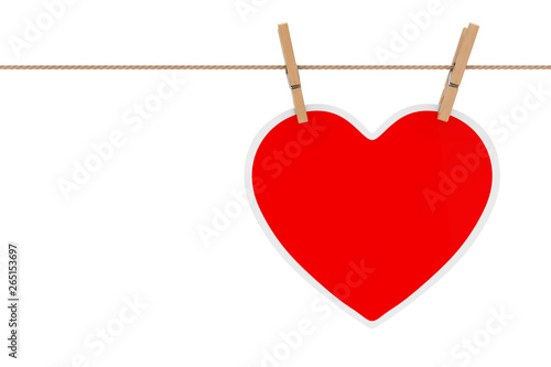 Blank Red Paper Heart Hanging on a Rope. 3d Rendering