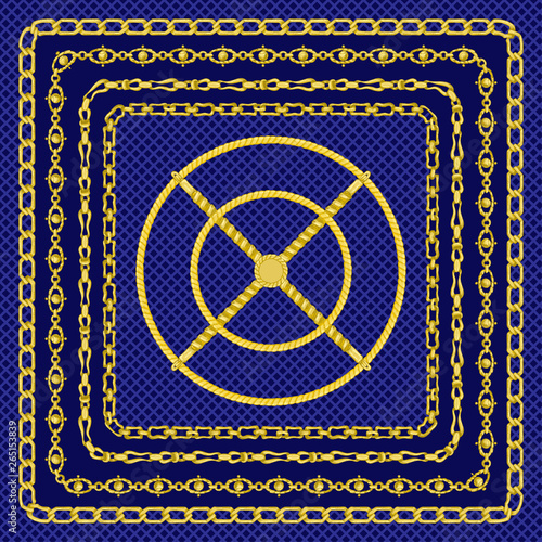 Border pattern with retro hand-drawn sketch golden chain on dark blue background. Tranding drawing print for scarf or bandana.