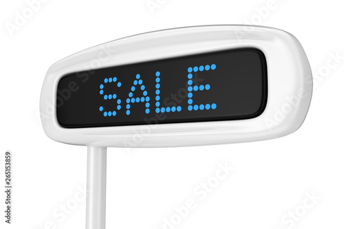 Abstract Cash Register Display Displaying Sale Blue Sign. 3d Rendering