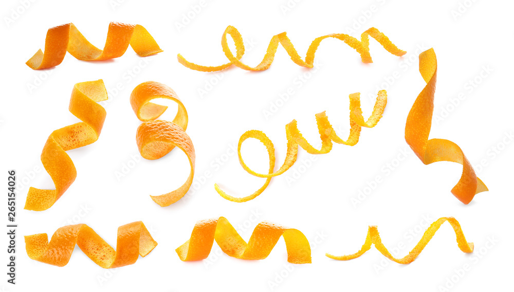 Set of fresh orange peels on white background - obrazy, fototapety, plakaty 
