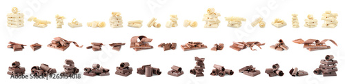Set of different delicious chocolate curls and pieces on white background
