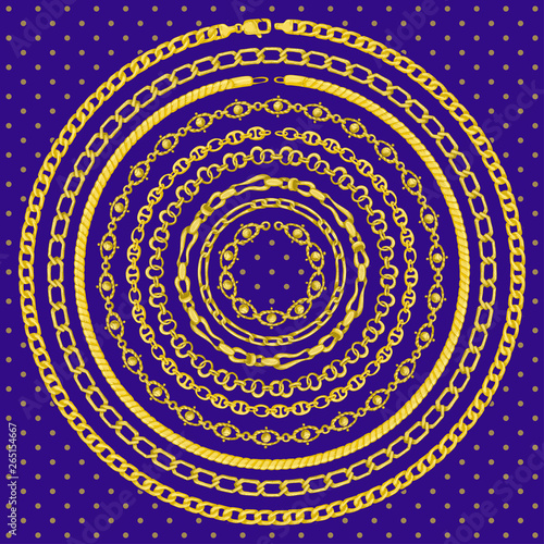 Border pattern with retro hand-drawn sketch golden chain on dark blue background. Tranding drawing print for scarf or bandana.