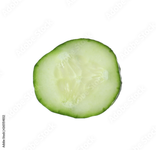Slice of ripe cucumber on white background, top view