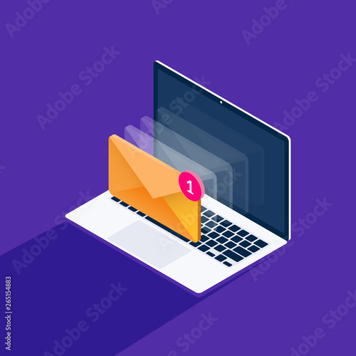 Email notification concept. New email on the laptop screen. Vector illustration in isometric style.