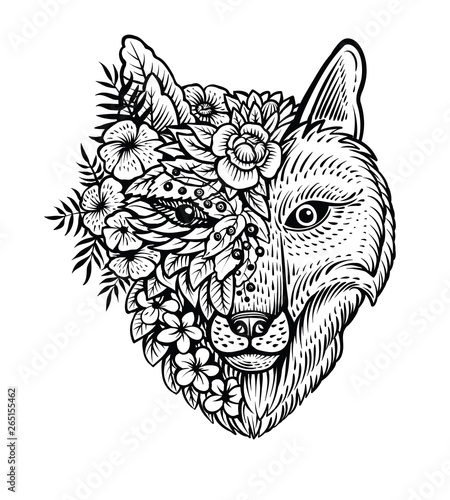 Fox head line art, vector illustration. Double exposure with conceptual line art.