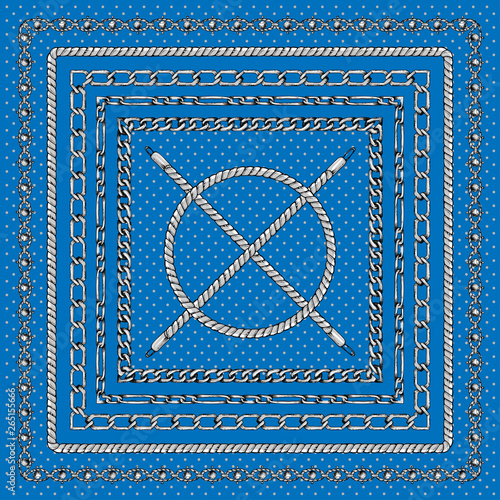 Border pattern with retro hand-drawn sketch silver chain on dark blue background. Tranding drawing print for scarf or bandana.