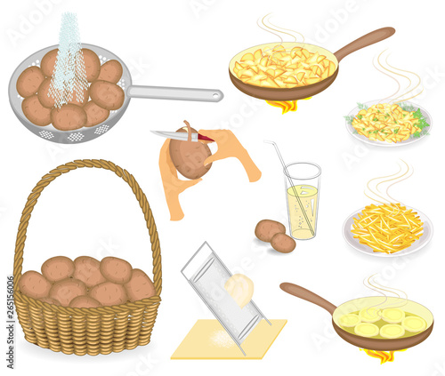 Collection. Collect potatoes in a basket, wash, peel with a knife, grate, squeeze juice. Fry vegetables in a skillet. Healthy drink. Vector illustration, set.