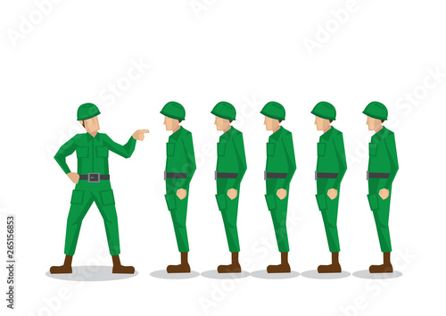 Military soldiers in green uniform getting scolded by their team army officer. Vector illustration isolated on white background.