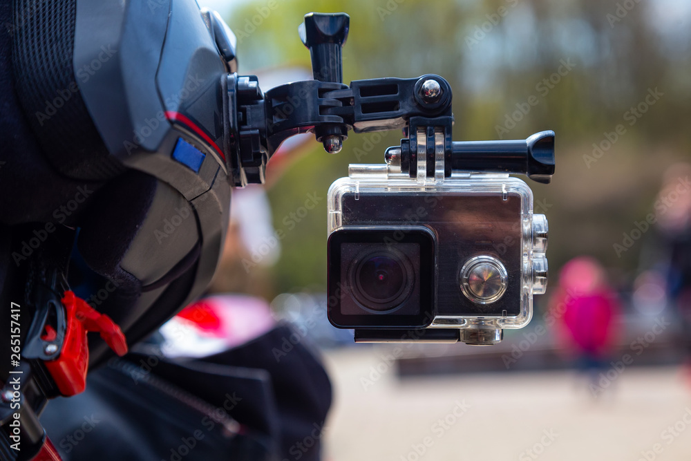 Action camera on a motorcycle rider's helmet
