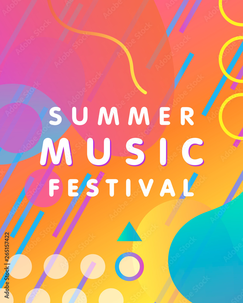 Fototapeta Unique artistic design card - summer music festival with gradient background,shapes and geometric elements in memphis style.Bright poster perfect for prints,flyers,banners,invitations and more.