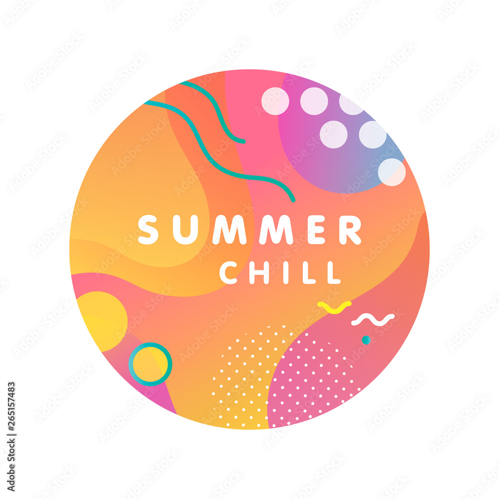 Unique artistic design card - summer chill with bright gradient background,shapes and geometric elements in memphis style.Bright poster perfect for prints,flyers,banners,invitationsand more. Unique artistic design card - summer chill with bright gradient background,shapes and geometric elements in memphis style.Bright poster perfect for prints,flyers,banners,invitationsand more.
