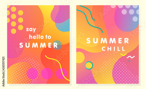 Unique artistic summer cards with bright gradient background,shapes and geometric elements in memphis style.Abstract design cards perfect for prints,flyers,banners,invitations,special offer and more.