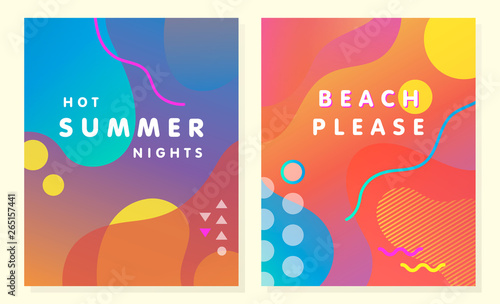Unique artistic summer cards with bright gradient background,shapes and geometric elements in memphis style.Abstract design cards perfect for prints,flyers,banners,invitations,special offer and more.