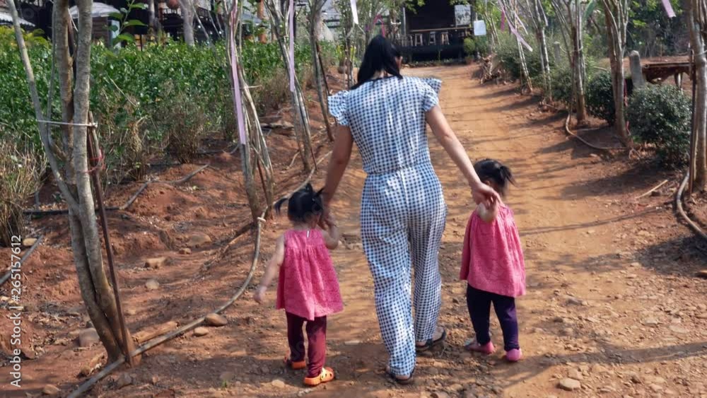 Asian mother and daughters walking in the jasmine garden in the morning. Asian mother and daughters walking in the jasmine garden in the morning.