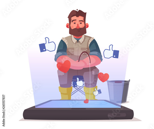 Fisherman with fishing rod. Fishing for compliments. Cartoon vector illustration