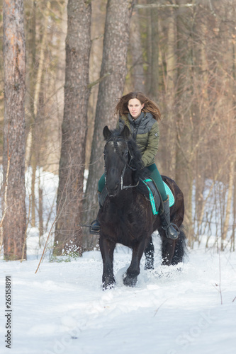 A woman riding a dark brown horse in the forest