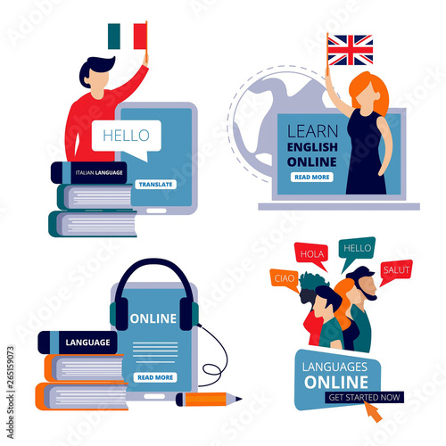 Language courses. Study english learning chinese italian use dictionary for learning training center vector concept pictures. Illustration of training e-learning, tutorial webinar language course