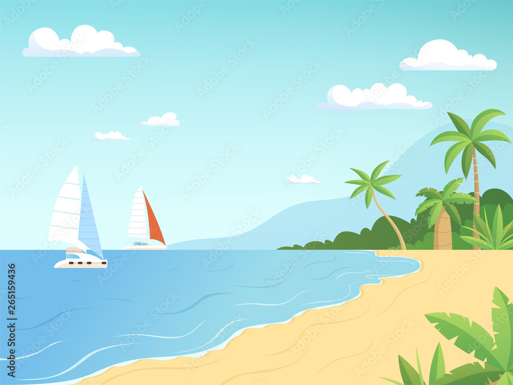 Seaside landscape. Summer beach with palm trees sailboats adventure cartoon outdoor background. Illustration of summer beach sea with sailboat