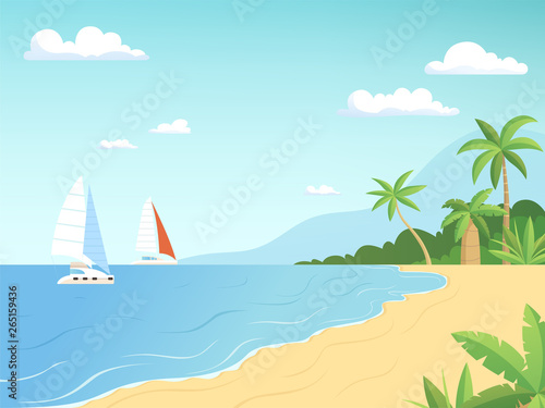 Fototapeta Naklejka Na Ścianę i Meble -  Seaside landscape. Summer beach with palm trees sailboats adventure cartoon outdoor background. Illustration of summer beach sea with sailboat