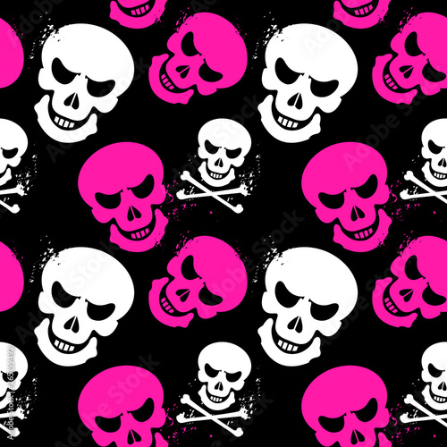 scary girlish seamless pattern background with skulls and crossbones, the drawing contains only three colors, ideal for print, textile, web, and other designs, eps10 vector illustration