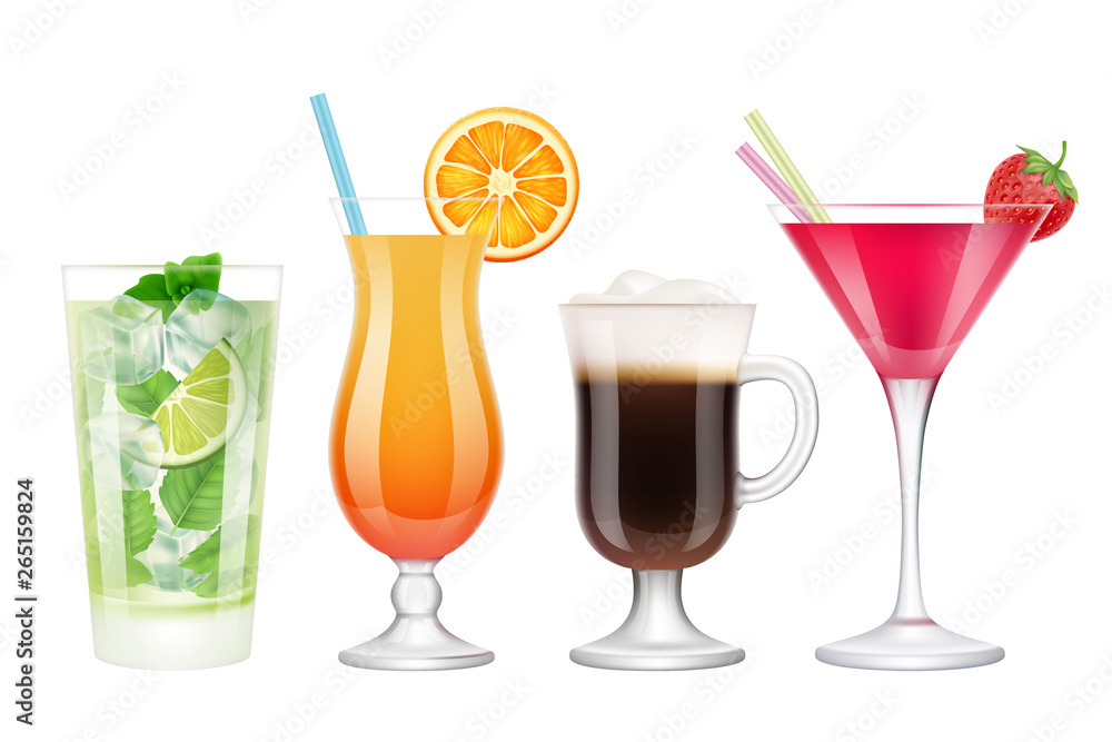 Summer cocktails realistic. Alcoholic drinks in glasses with ice tropical fruits irish coffee vodka margarita mojito colored vector. Acohol drink mojito cocktail, beverages bar illustration Summer cocktails realistic. Alcoholic drinks in glasses with ice tropical fruits irish coffee vodka margarita mojito colored vector. Acohol drink mojito cocktail, beverages bar illustration