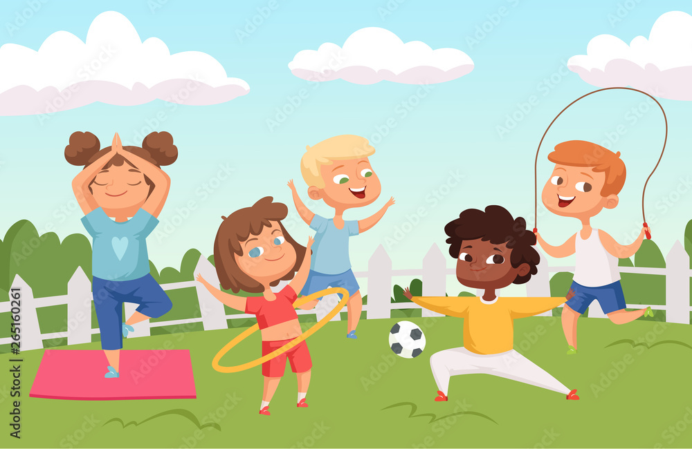 Happy active kids characters. Summer outdoor activity - childhood vector background. Illustration of childhood, boy and girl play