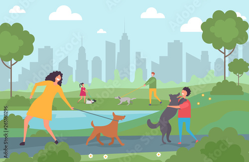 Happy people walking with dogs in the city park. Cartoon character adults and kids with pets vector illustration. City park, woman with pet, people walk with dog