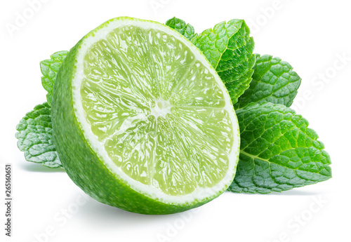 Lime fruit and mint leaves isolated on the white background. photo