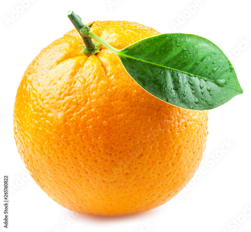 Принти на полотні Orange fruit with orange leaf with water drops isolated on white background